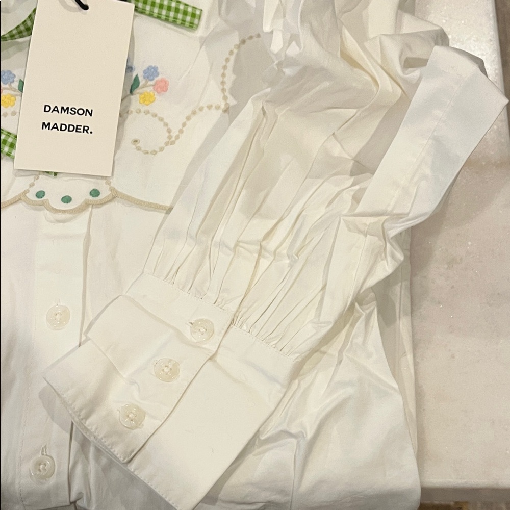 Damson Madder White Embroidered Long Sleeve Dress with Green Trim - Picture 5 of 9